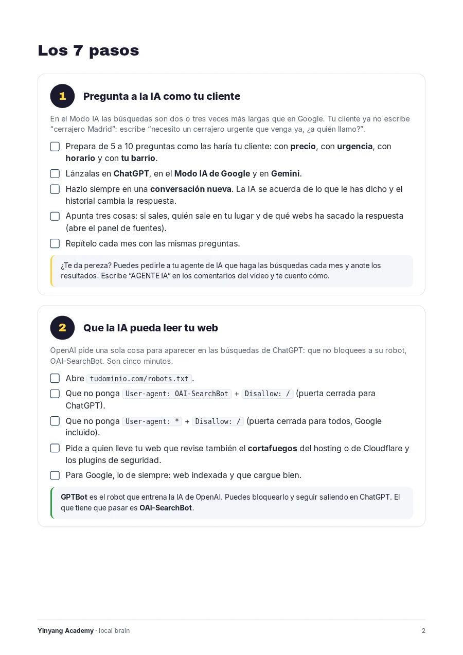 Página del checklist con los pasos 1 y 2 y sus casillas